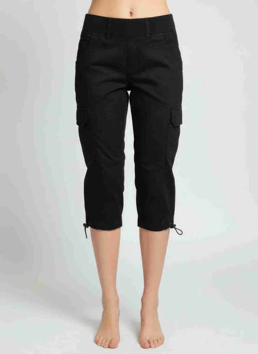 Capri femme en coton stretch noir à taille élastique, poches cargo sur les côtés