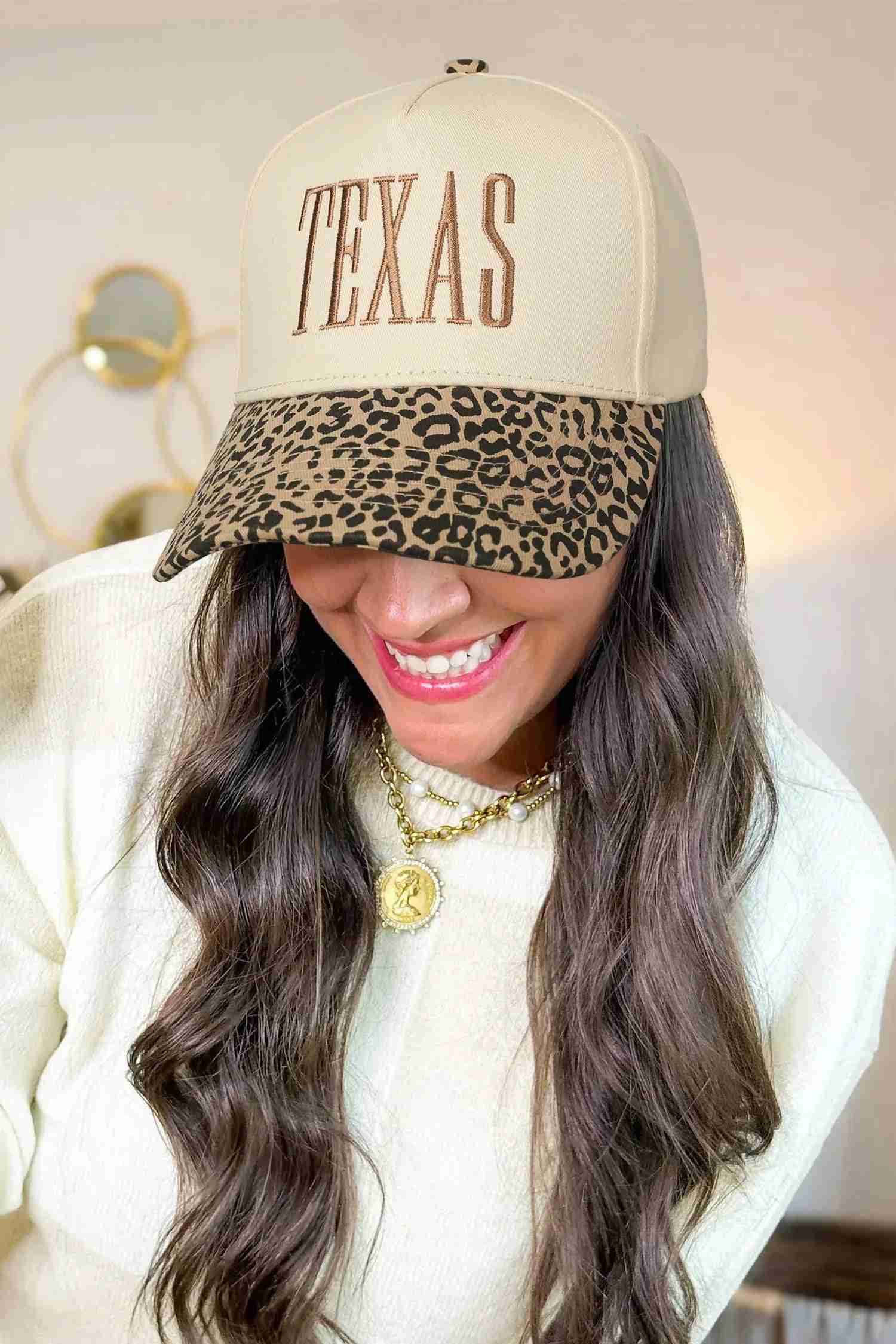 Casquette baseball femme beige TEXAS brodé et bande léopard