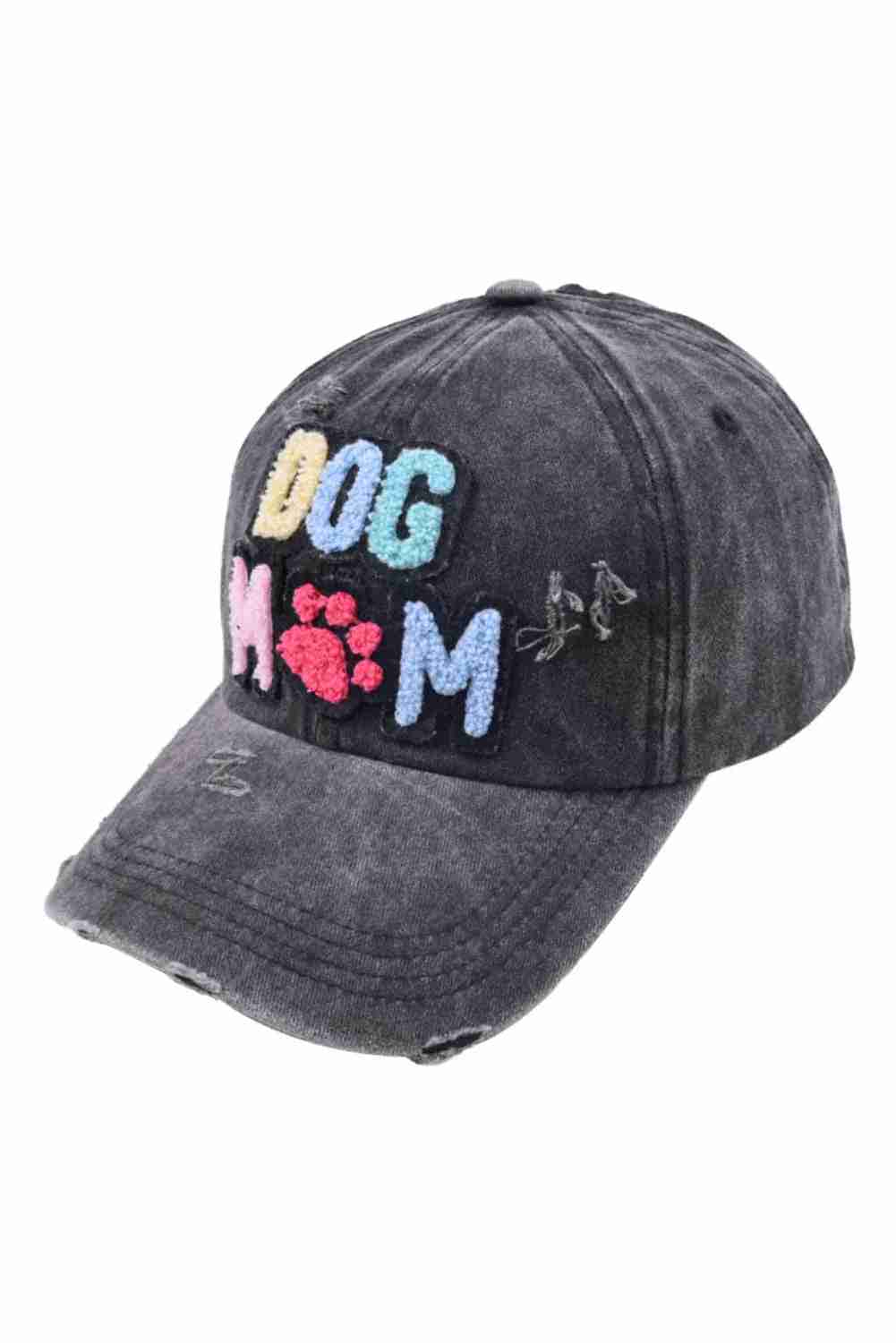 Casquette baseball femme gris délavé, brodée « DOG » et « M » avec motif patte