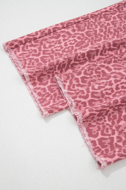 Jean Léopard Rose Jambe Large Taille Haute Bords Effilochés Femme - Oléna-Fashion