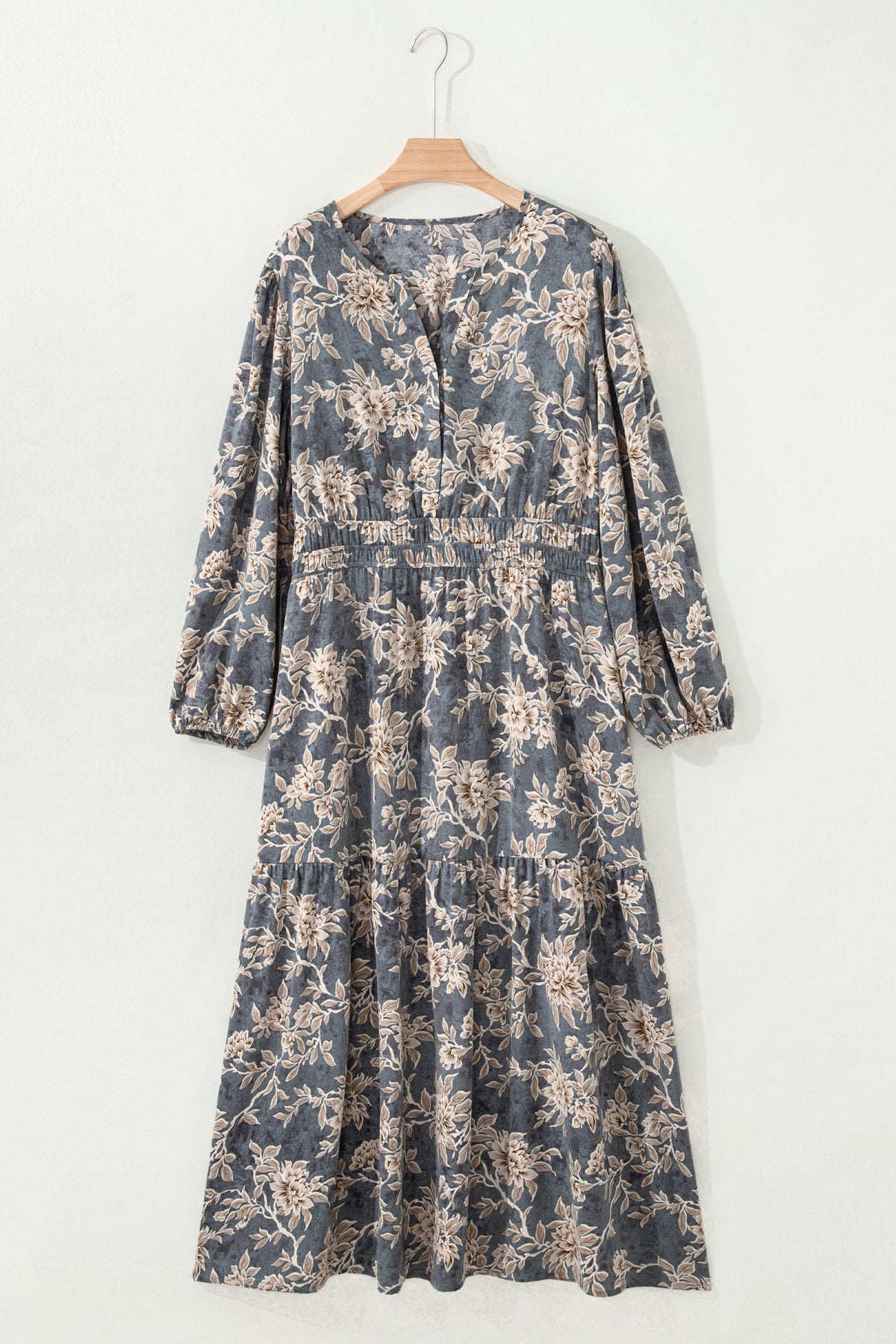 Robe maxi bleu-gris imprimé floral, encolure en V, manches longues