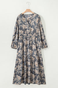 Robe maxi bleu-gris imprimé floral, encolure en V, manches longues