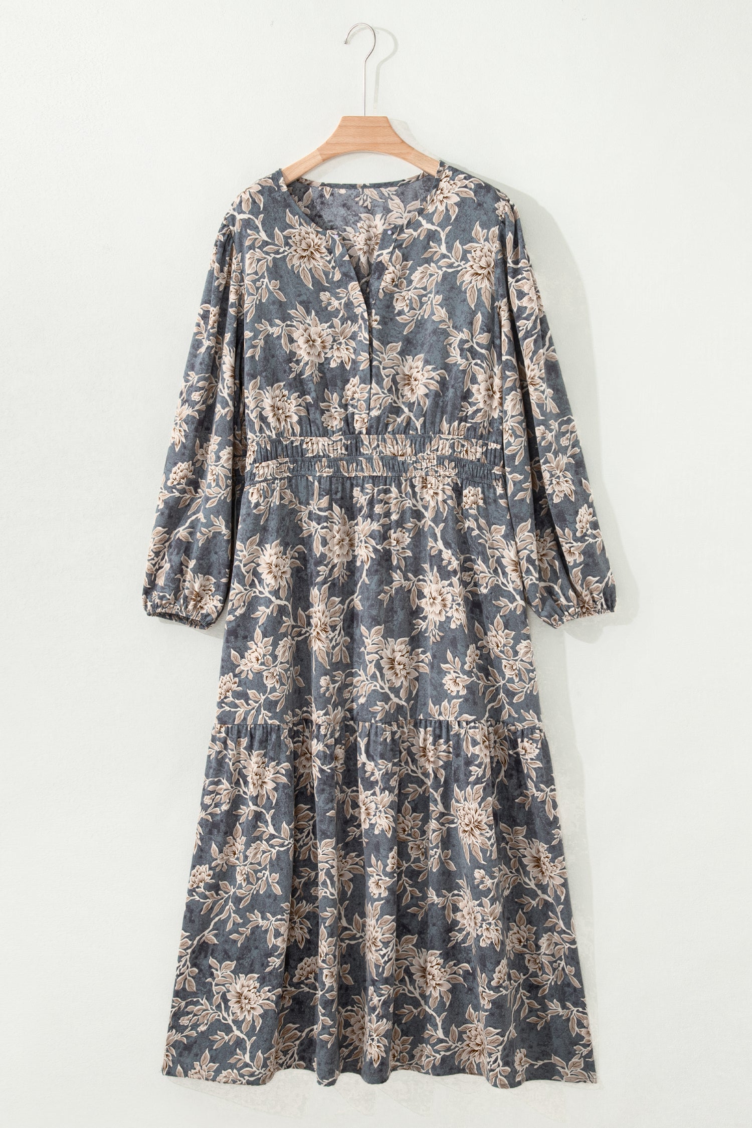 Robe maxi bleu-gris imprimé floral, encolure en V, manches longues