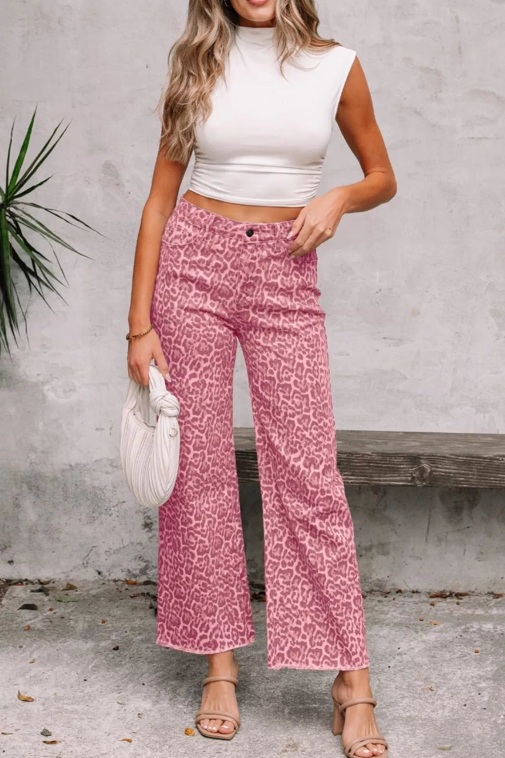 Jean léopard taille haute effiloché jambe large