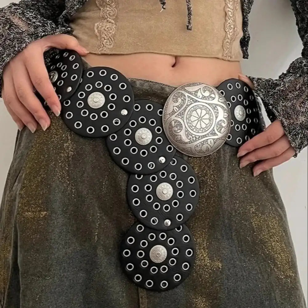 Ceinture large en faux cuir pour femme à rivets et patchwork – vue 2