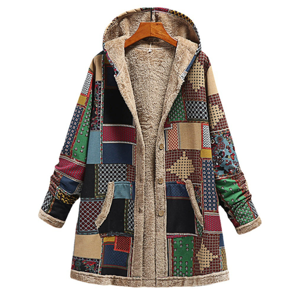 Veste chaude à capuche en tissu imprimé patchwork, doublure polaire beige