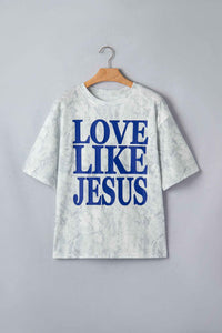 T-shirt gris clair à imprimé bleu « LOVE LIKE JESUS » devant