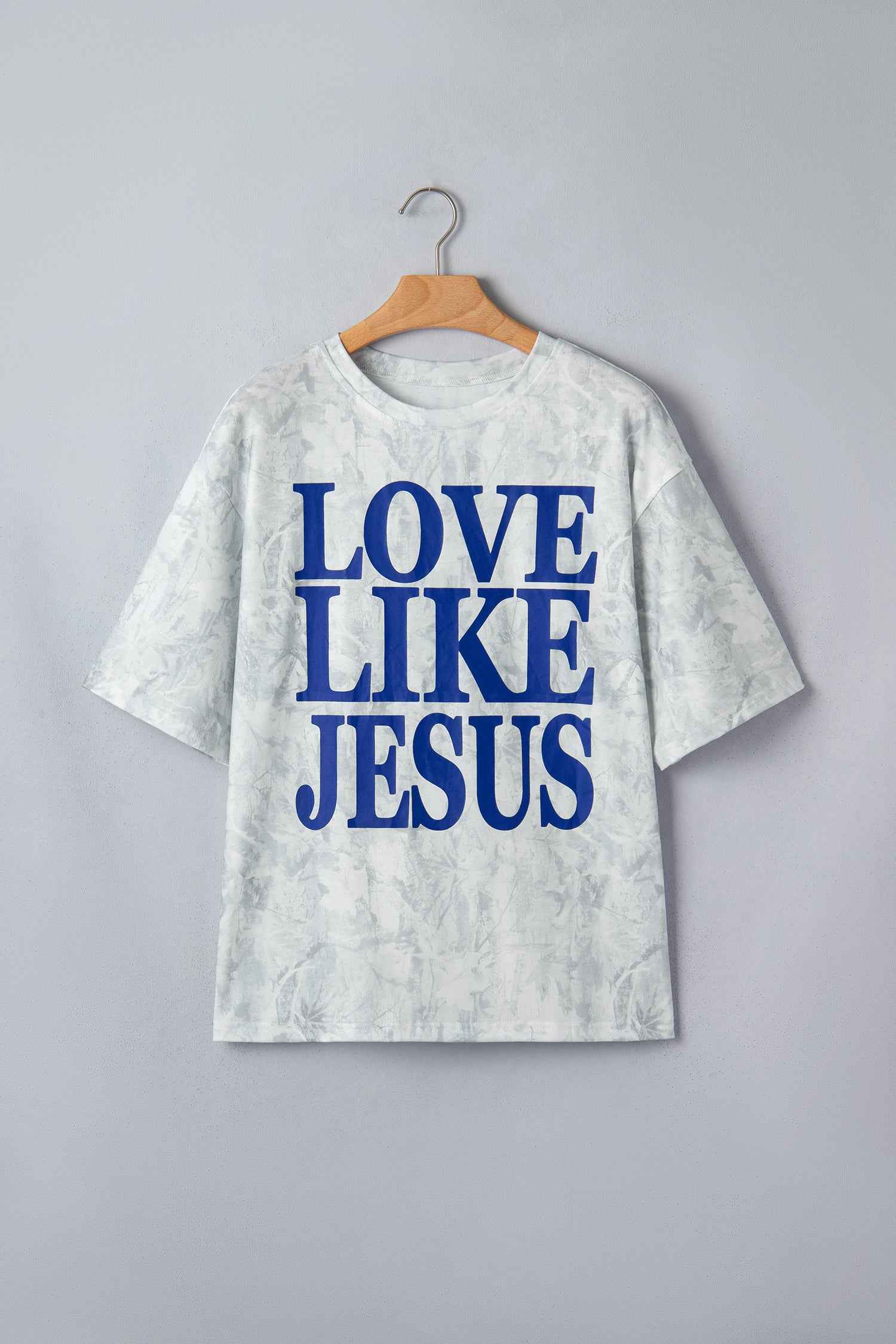 T-shirt gris clair à imprimé bleu « LOVE LIKE JESUS » devant
