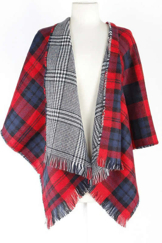 Écharpe à carreaux rouge et bleu avec franges, doublée motif pied-de-poule