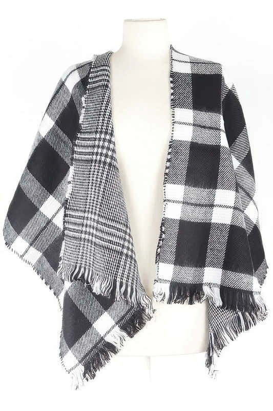 Écharpe à carreaux noir et blanc avec franges, motif alterné pied-de-poule