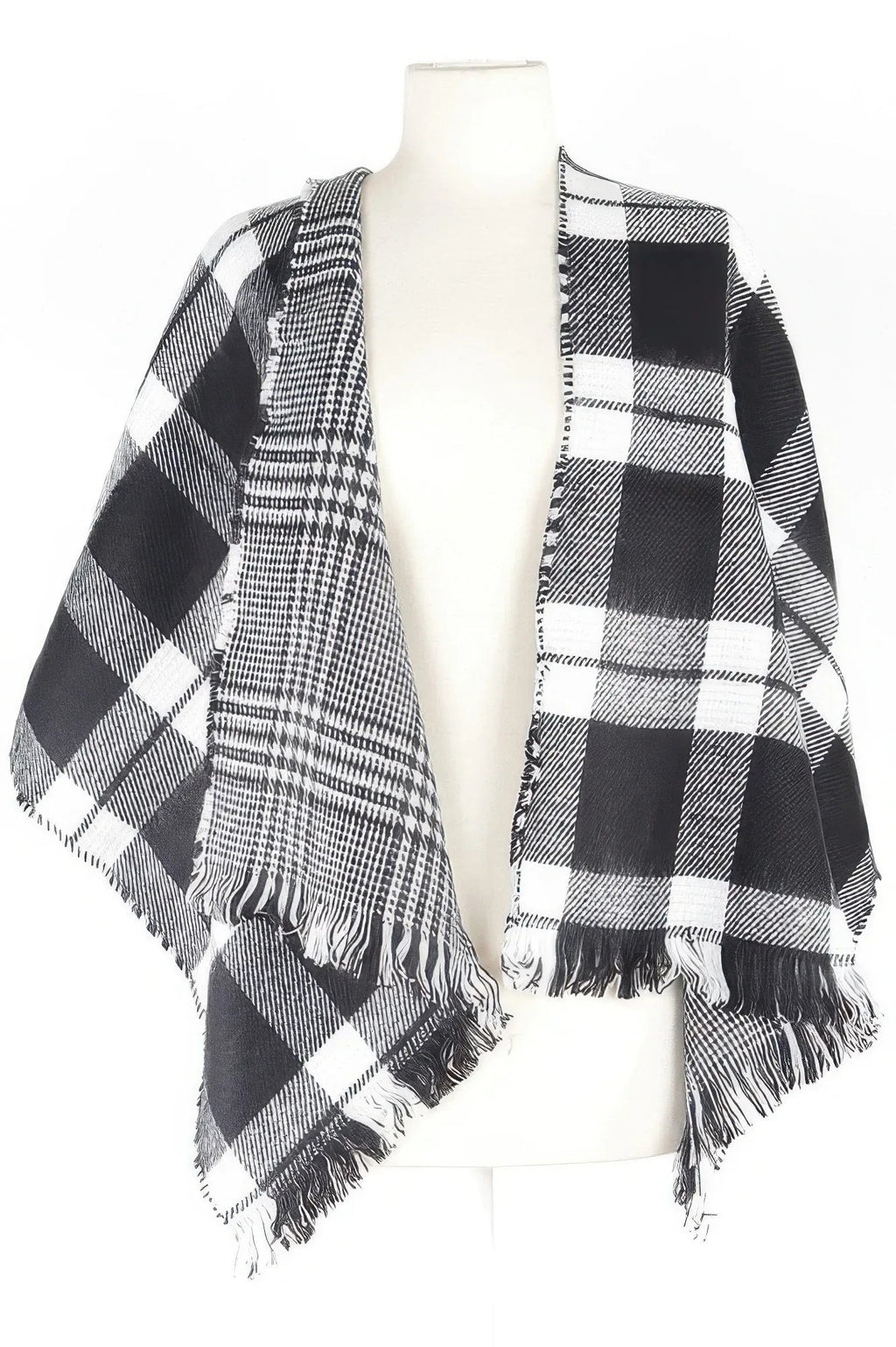 Écharpe à carreaux noir et blanc avec franges, motif alterné pied-de-poule
