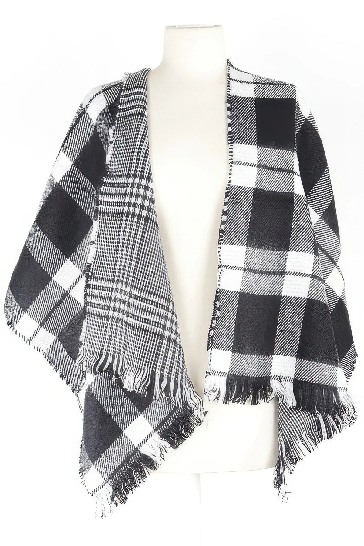 Écharpe à carreaux noir et blanc avec franges, motif alterné pied-de-poule