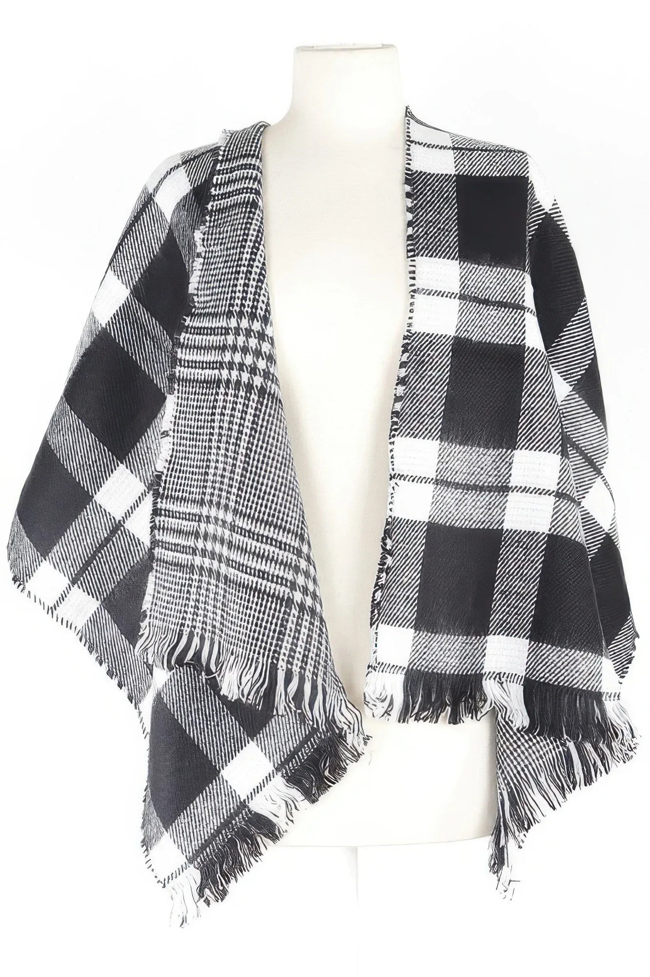 Écharpe à carreaux noir et blanc avec franges, motif alterné pied-de-poule