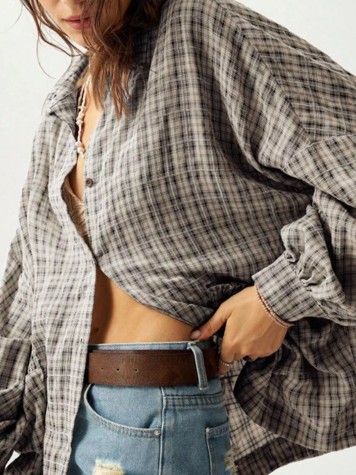 Chemise à carreaux ample boutonnée pour femme – vue 9