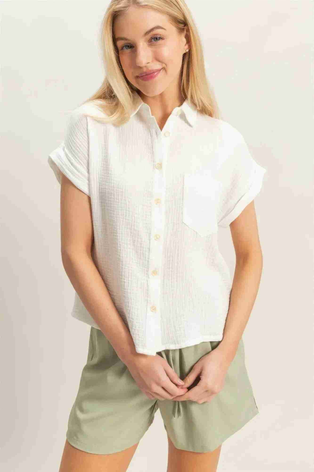 Chemise Femme Manches Retroussées Boutonnée - Coton Léger by CCWHOLESALECLOTHING