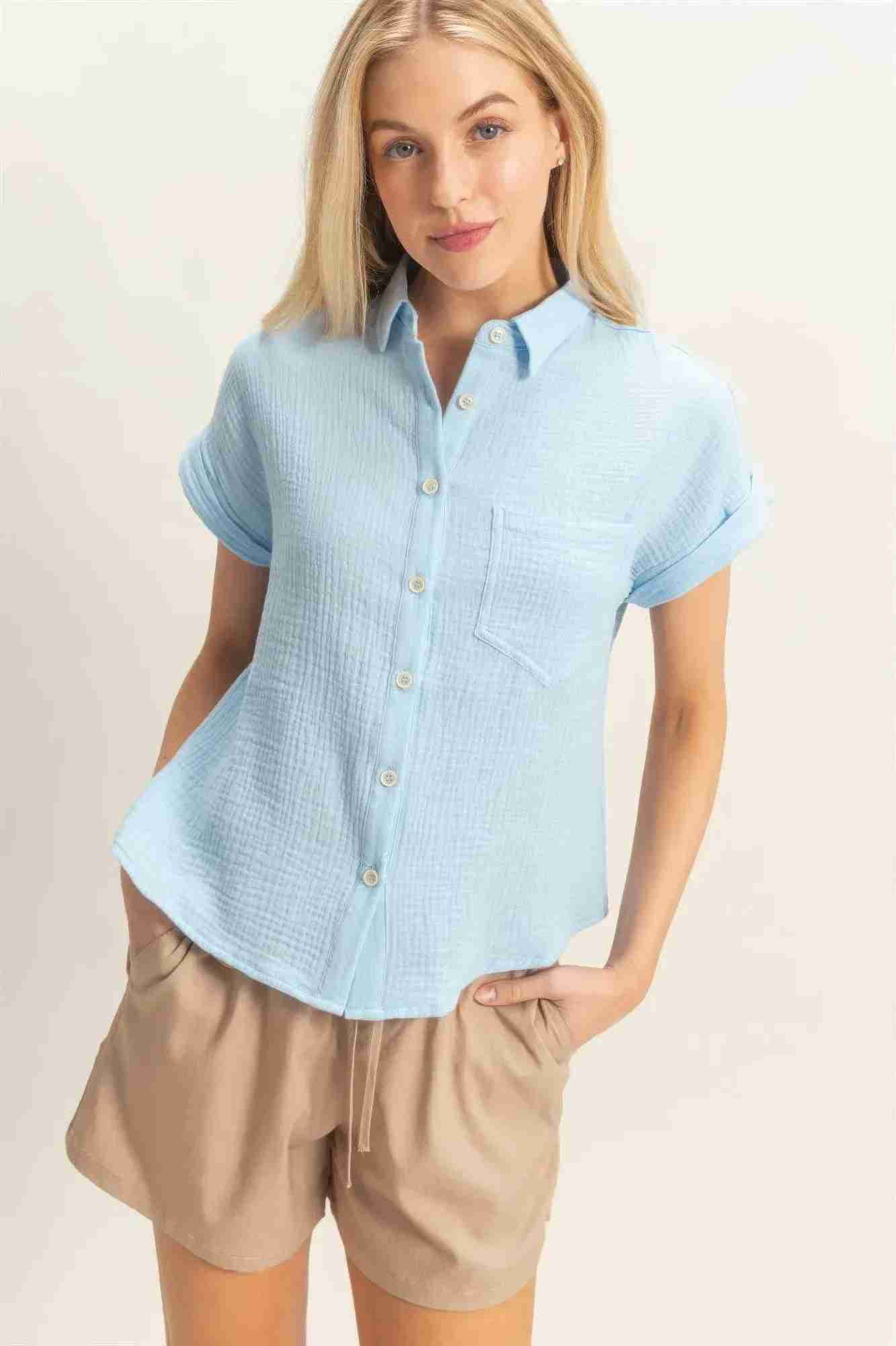 Chemise Femme Manches Retroussées Boutonnée - Coton Léger by CCWHOLESALECLOTHING