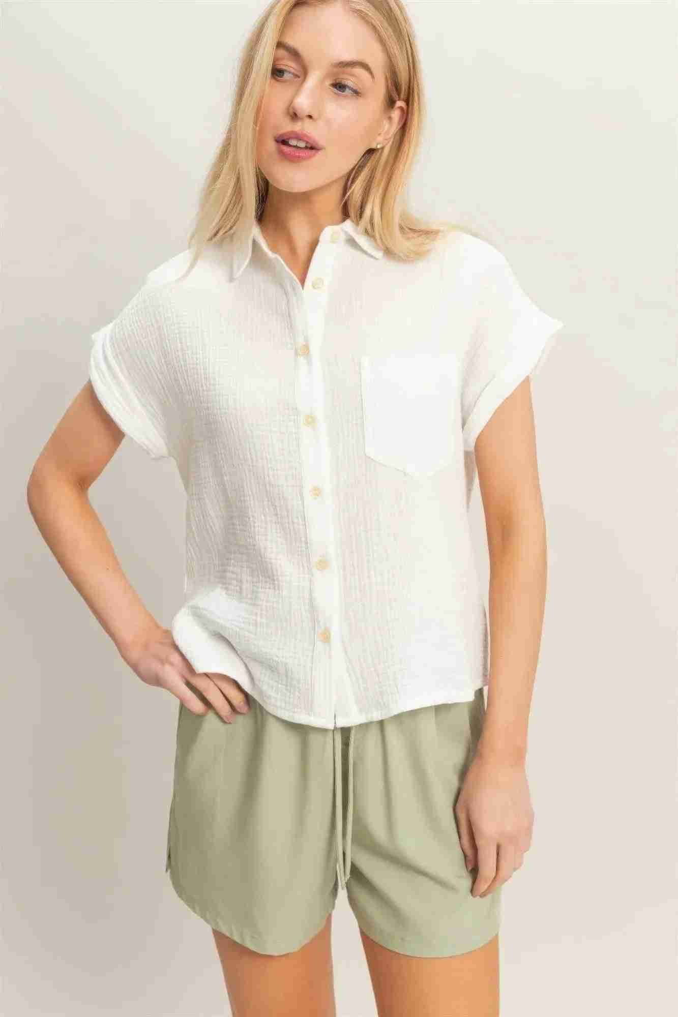 Chemise Femme Manches Retroussées Boutonnée - Coton Léger by CCWHOLESALECLOTHING