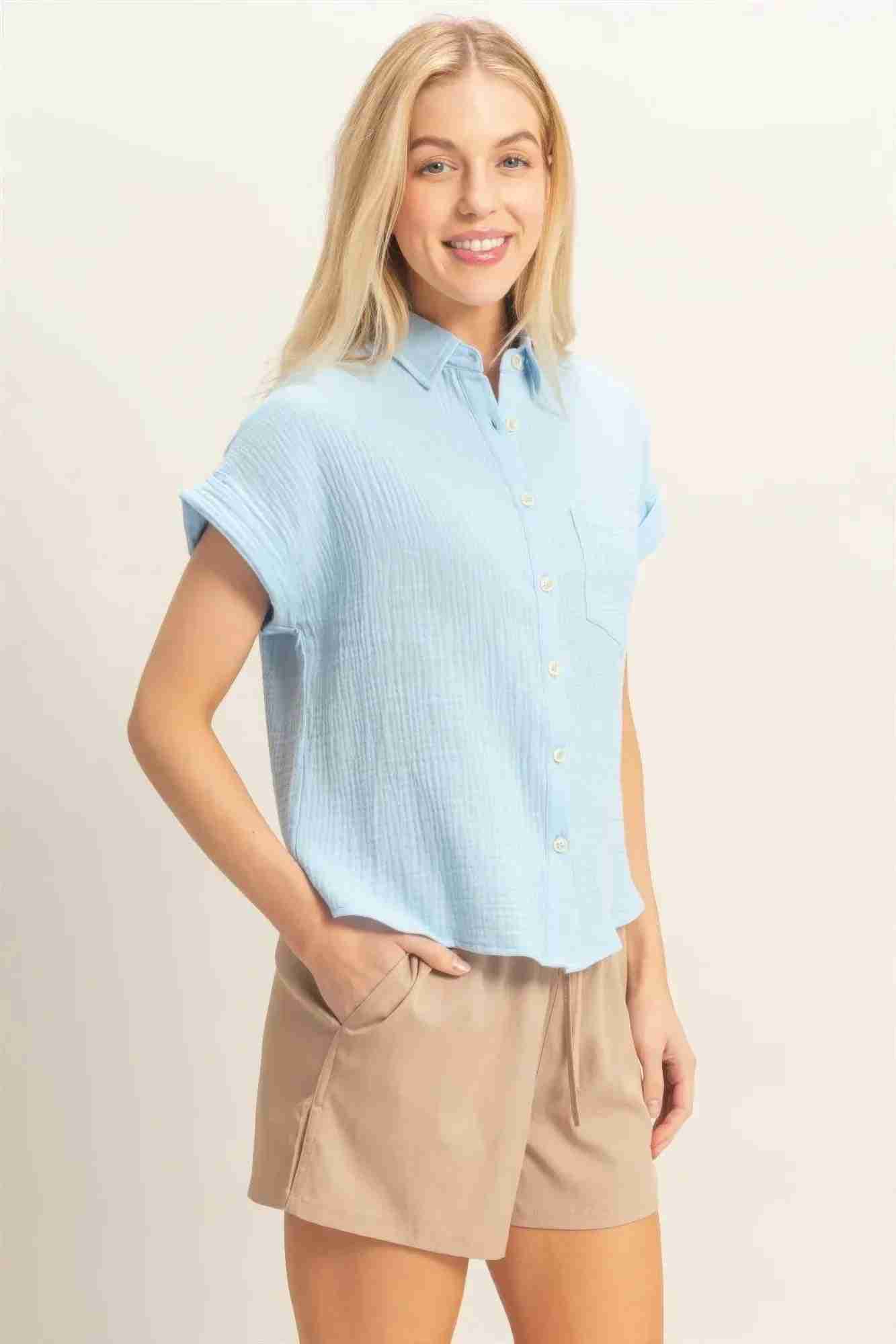 Chemise Femme Manches Retroussées Boutonnée - Coton Léger by CCWHOLESALECLOTHING