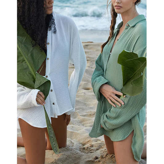Chemisier en gaze de coton à manches longues, boutonné et ample pour femme – vue 2