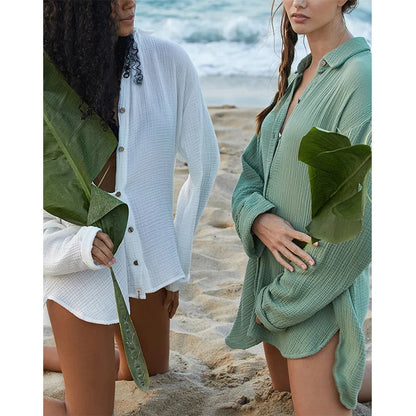 Chemisier en gaze de coton à manches longues, boutonné et ample pour femme – vue 2