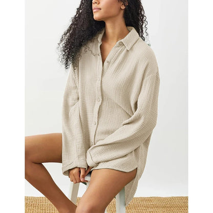 Chemisier en gaze de coton à manches longues, boutonné et ample pour femme – vue 6