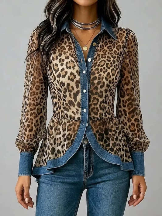 Chemisier léopard boutonné à basque, grande taille, pour femme – vue 1