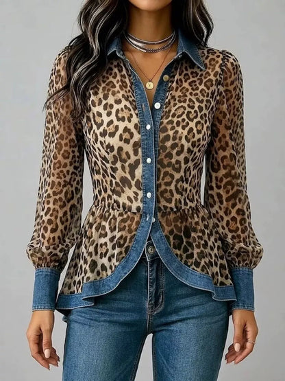 Chemisier léopard boutonné à basque, grande taille, pour femme – vue 1