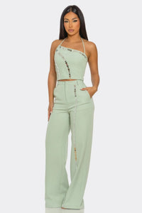 Ensemble tailleur pantalon femme sauge Christine : top court et pantalon taille haute