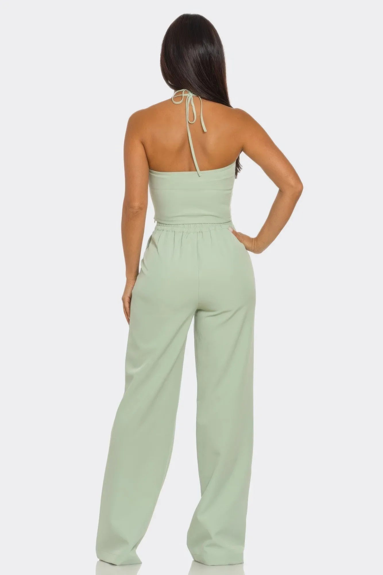 Ensemble tailleur pantalon femme sauge Christine : dos nu avec attache, pantalon assorti