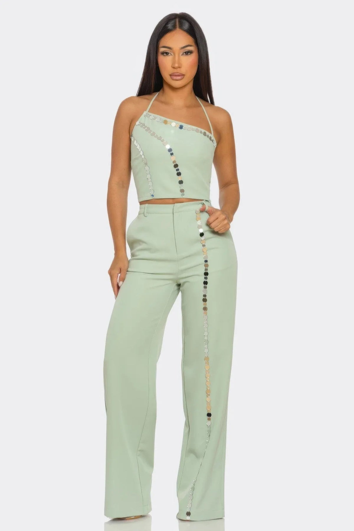 Ensemble tailleur pantalon femme sauge Christine : top court à bretelles, pantalon large