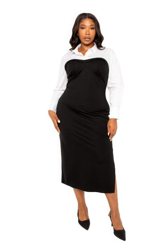 Collared Shirt Bodycon Midi Dress With Side Slit - Premium  - Shop now at Oléna-Fashion