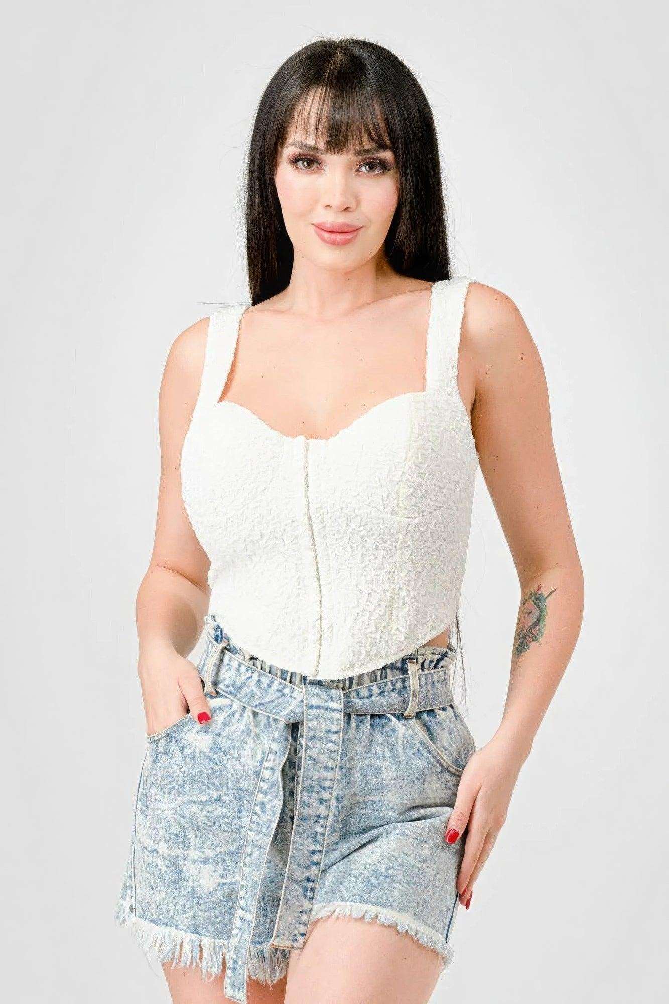 Crinkle Stretch Knit Sweetheart Hooked Bustier Cropped Top - Premium  - Shop now at Oléna-Fashion