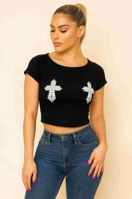 Crop Top Femme Ajusté Détail Croix - Coton Stretch Noir Oléna-Fashion