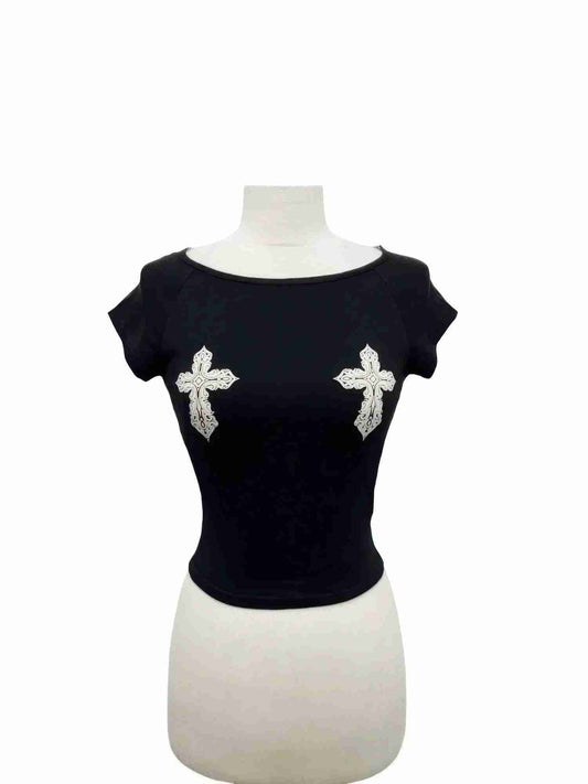 Crop Top Femme Ajusté Détail Croix - Coton Stretch Noir Oléna-Fashion