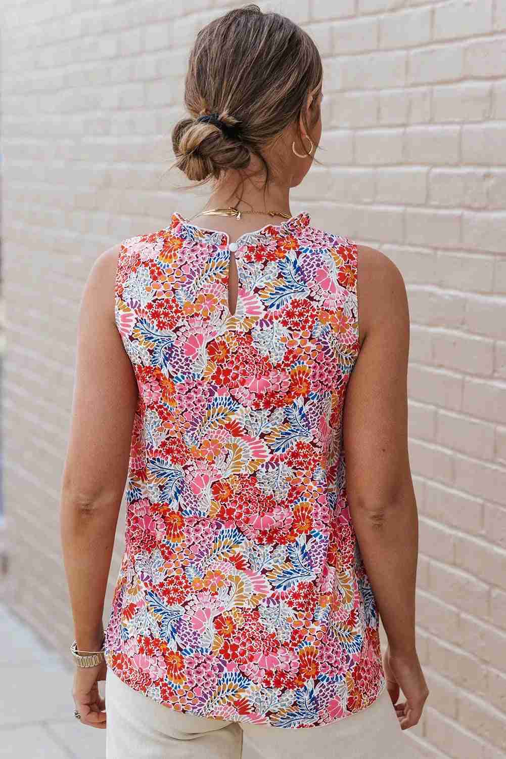 Débardeur femme sans manches motif floral multicolore, vue de dos
