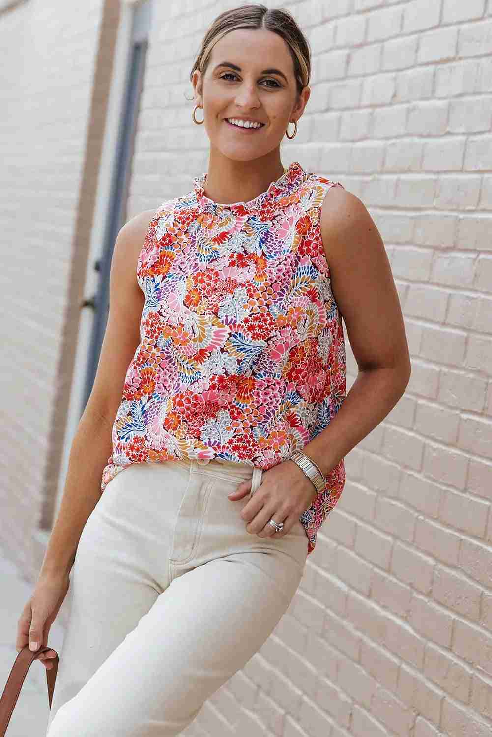 Débardeur femme sans manches floral multicolore, coupe ajustée, col montant