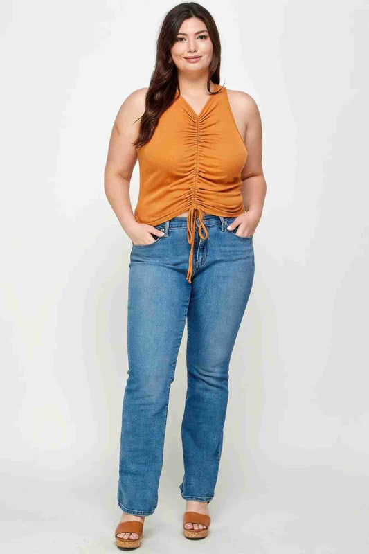 Débardeur Grandes Tailles Rib Froncé Col V Lien Ajustable Oléna-Fashion