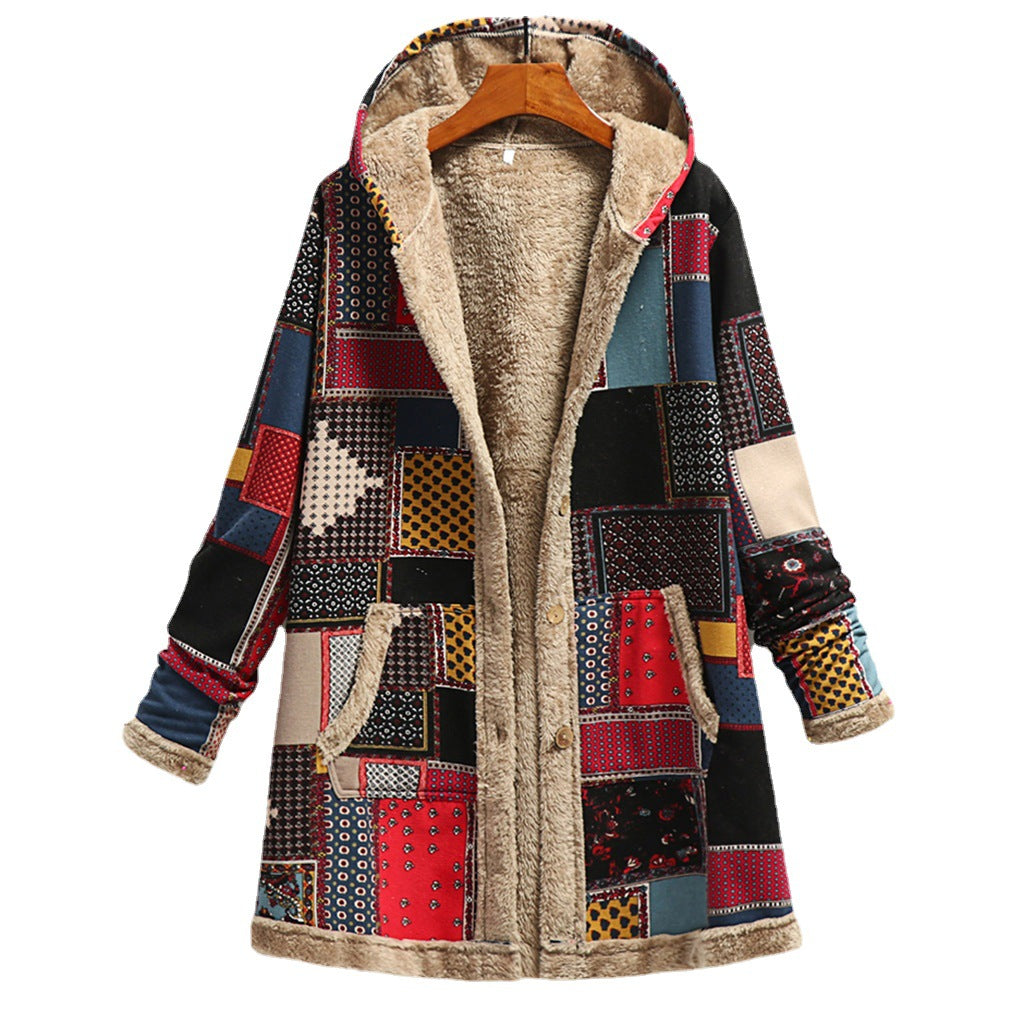 Veste à capuche zippée en molleton, imprimé patchwork bleu rouge, doublure beige