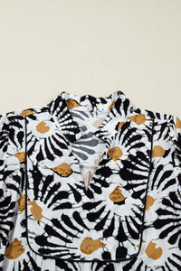 Haut de robe à col V, manches longues, motifs floraux abstraits noir/blanc/ocre