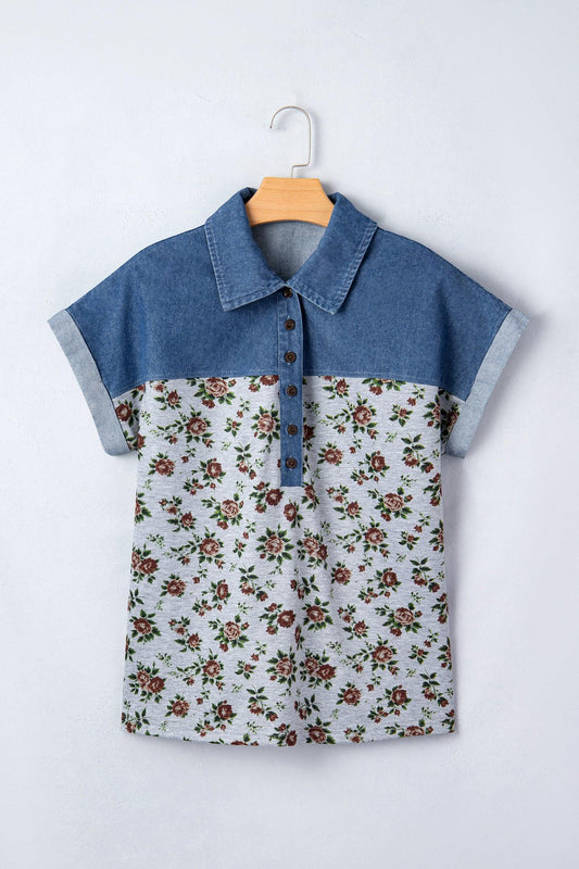 Top Femme Floral Rétro Patchwork Denim Col Polo Boutonné Gris - Oléna-Fashion