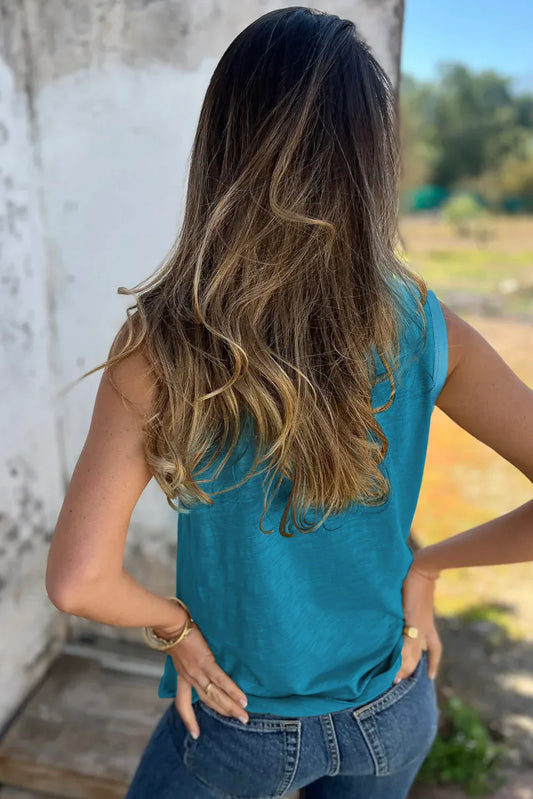 Débardeur Bleu Paon Métallisé - Col Rond Bordure Brillante Femme - Oléna-Fashion