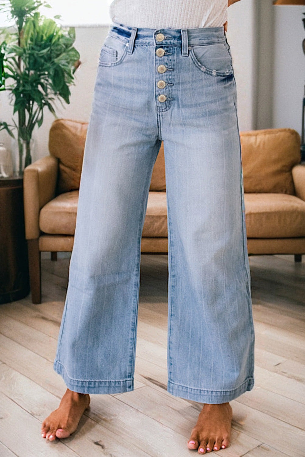 Jean Large Bleu Clair à Rayures Fines et Multi-Boutons