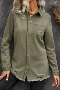 Veste Chemise en Jean Kaki Délavé à Ourlet Effiloché