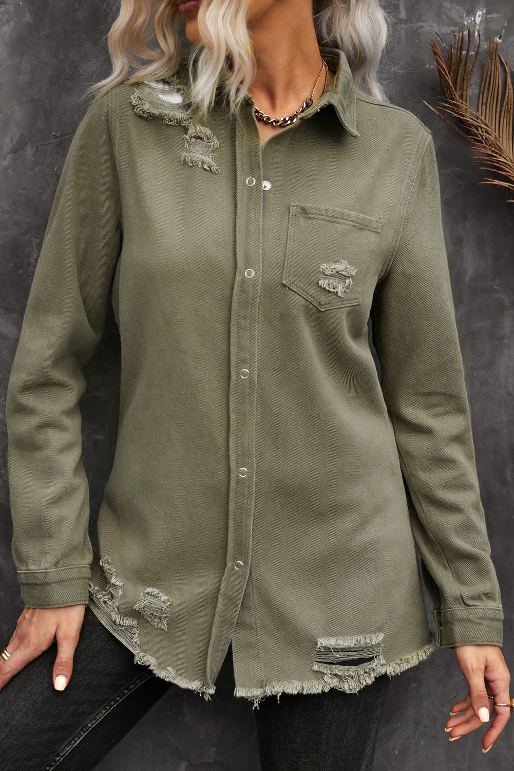 Veste Chemise en Jean Kaki Délavé à Ourlet Effiloché