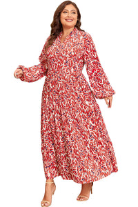 Robe maxi grande taille rouge à imprimé abstrait blanc, col rond, manches longues évasées