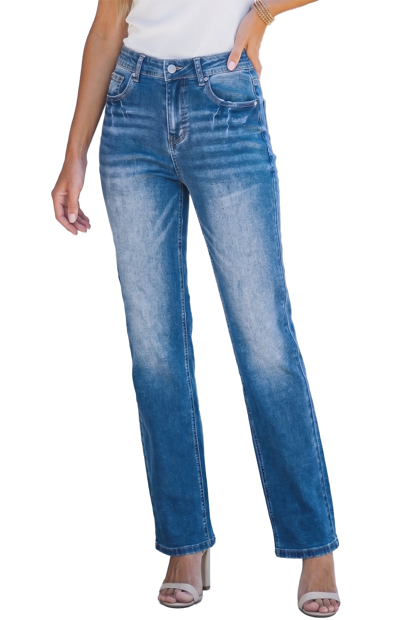 Jean Droit Femme Lavage Enzymes Taille Haute – Bleu Myosotis