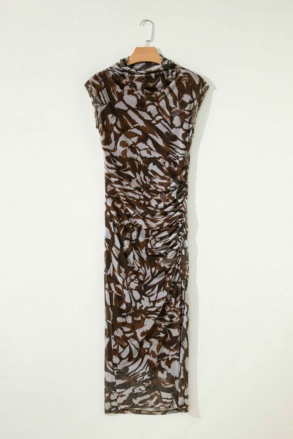 Robe midi en résille marron à motif animal, col drapé, sans manches