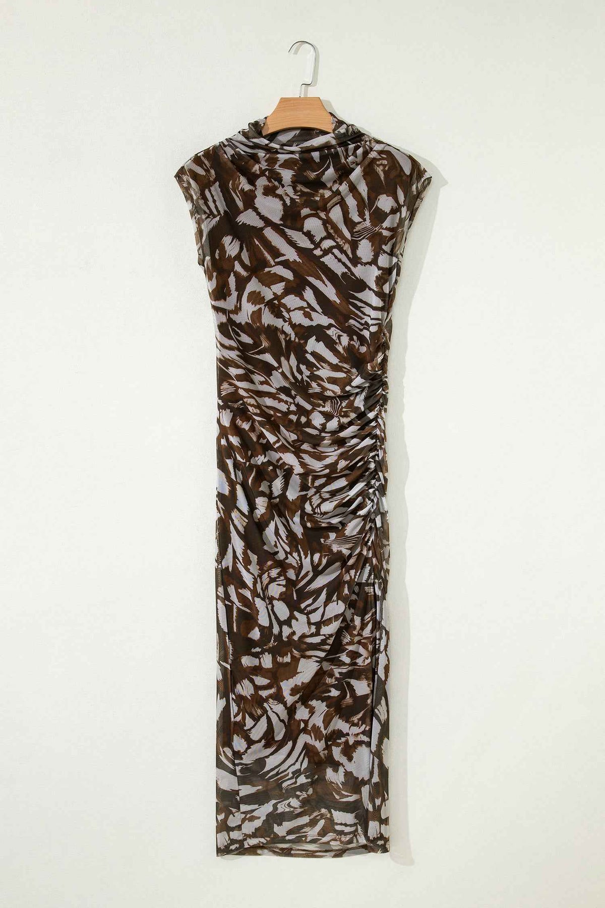 Robe midi en résille marron à motif animal, col drapé, sans manches