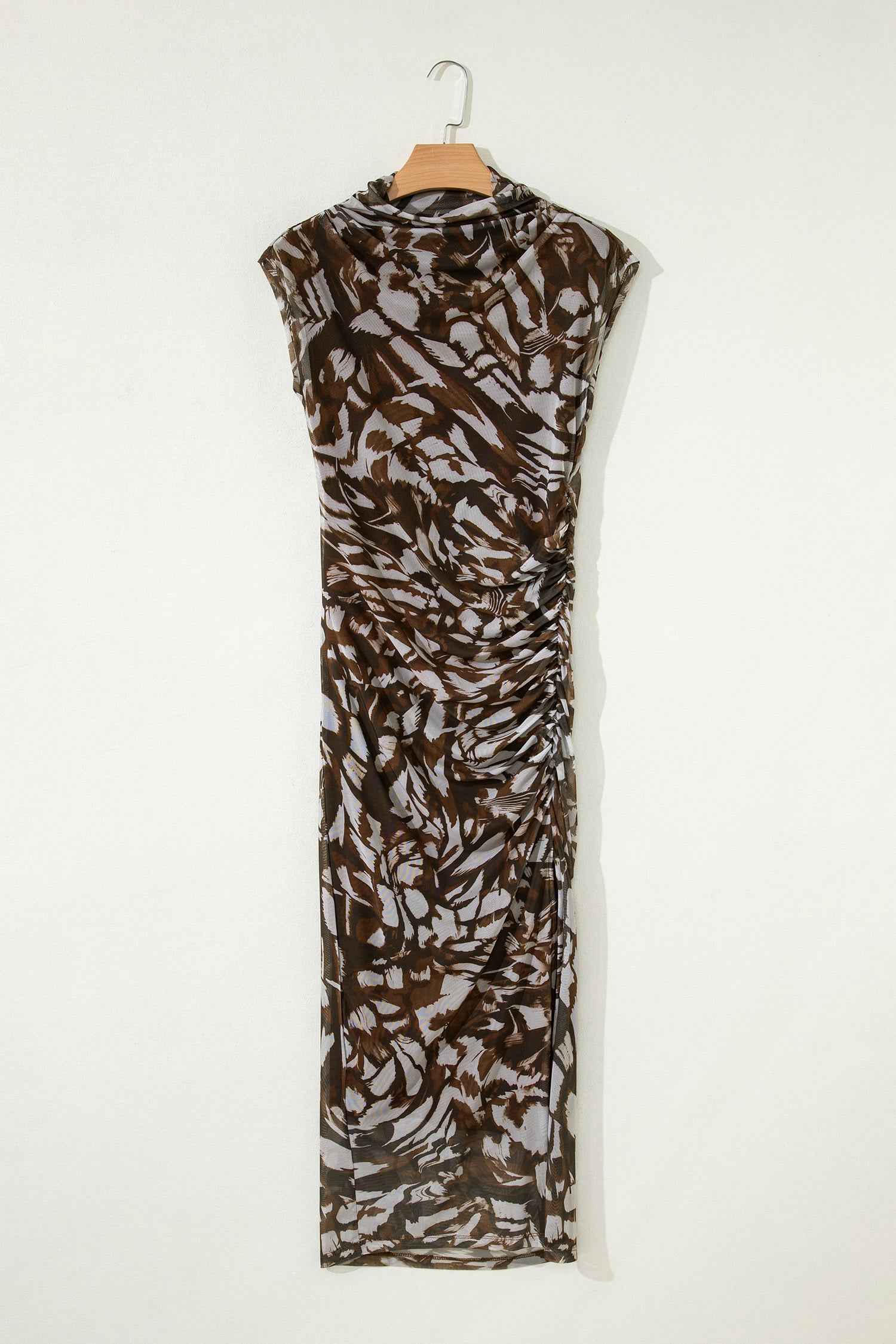 Robe midi en résille marron à motif animal, col drapé, sans manches