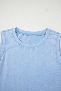 Robe mini sans manches bleue en coton, encolure ronde